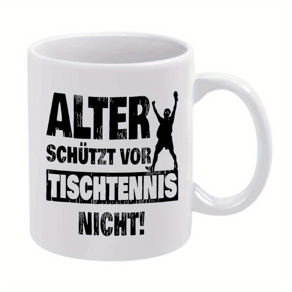 Tailorly White Ceramic 11 oz Mug - Distressed Black Silhouette Of Professional Athlete Playing Competitive Table Tennis Player