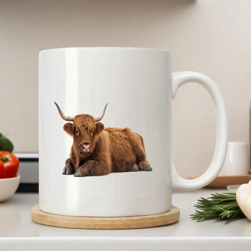 Tailorly White Ceramic 11 oz Mug - Rustic Brown Long Haired Fluffy Peaceful Resting Scottish Highland Cow