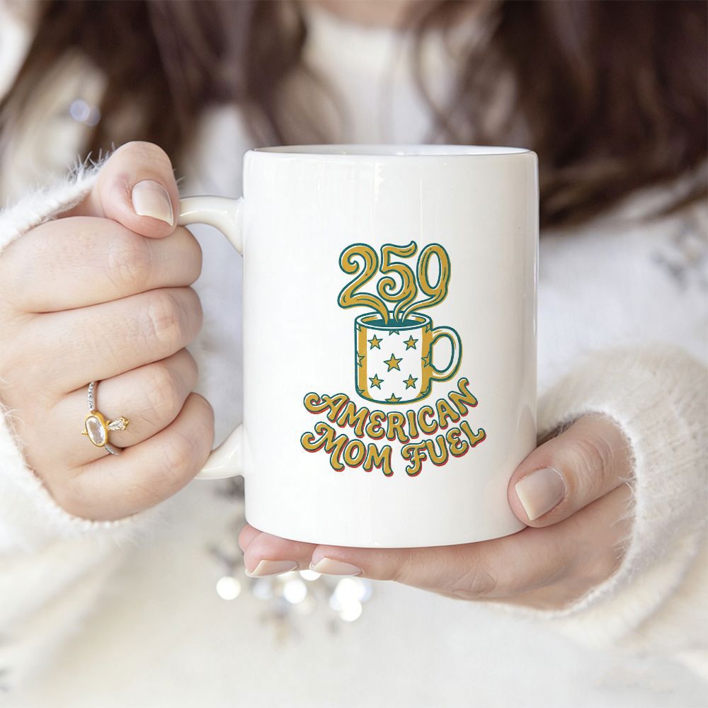 Tailorly White Ceramic 11 oz Mug - 250 American Mom Fuel Retro Themed Coffee Cup Surrounded By Artistic Swirling Bubbling Energy Mug