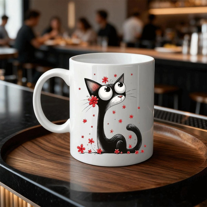 Tailorly White Ceramic 11 oz Mug - Playful Black Cat Gazing Upwards Surrounded By Little Red Floral Blooms Cat