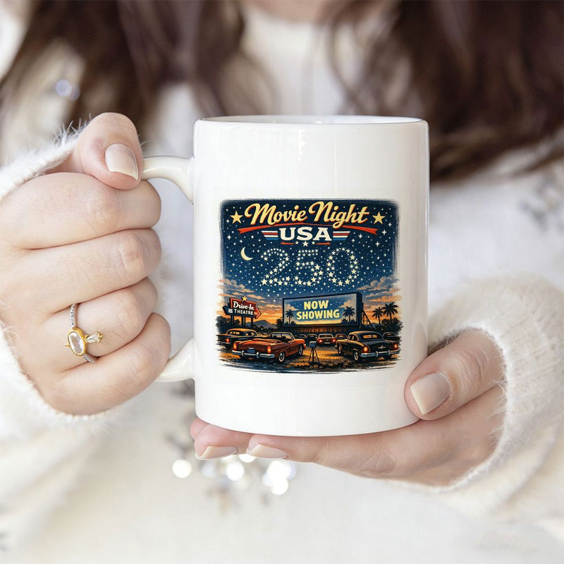 Tailorly White Ceramic 11 oz Mug - Movie Night USA 250 Vintage Drive In Theater At Night With Classic Cars Under Starry Sky Illustration