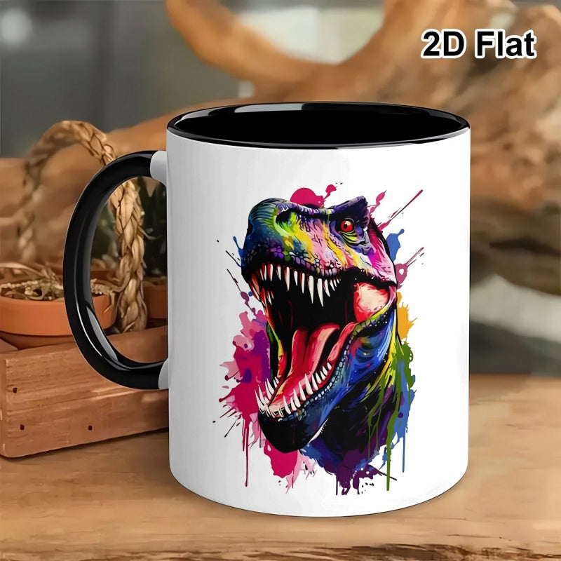 Tailorly Black Accent 11 oz Mug - a vibrant t rex head with paint splatter pattern