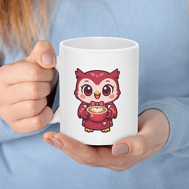 Tailorly White Ceramic 11 oz Mug - Charming Red Barista Bird Holding A Heart Latte Art Cup Owl