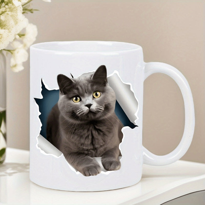 Tailorly White Ceramic 11 oz Mug - Adorable Fluffy Gray British Shorthair Peeking Through Realistic Torn Paper Hole Cat