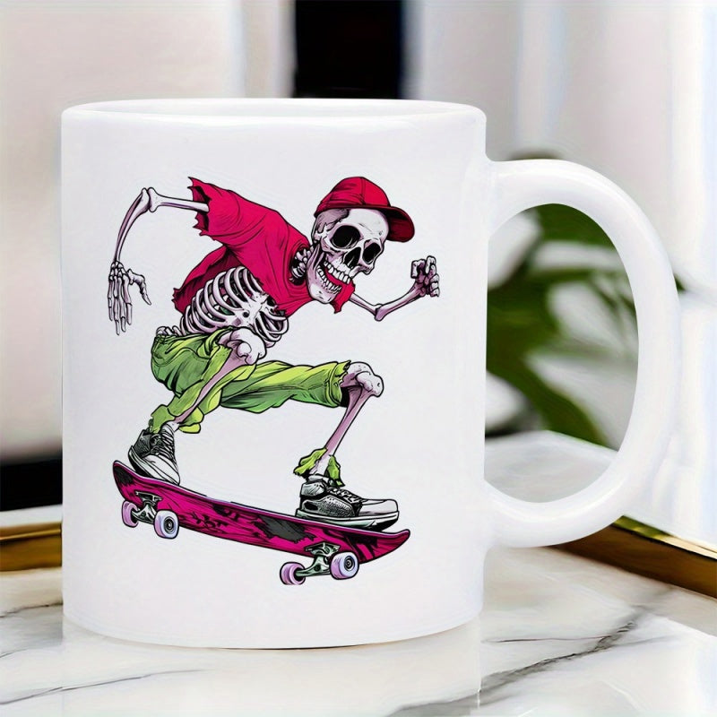 Tailorly White Ceramic 11 oz Mug - Dynamic Cartoon Action With Vibrant Red Cap Riding Pink Skateboard Skeleton