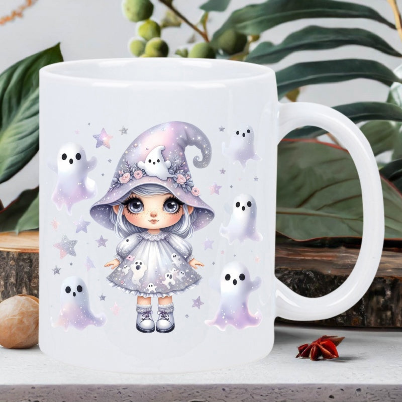 Tailorly White Ceramic 11 oz Mug - Adorable Little Witch Girl Surrounded By Small Flying Friendly Ghosts Stars Witch