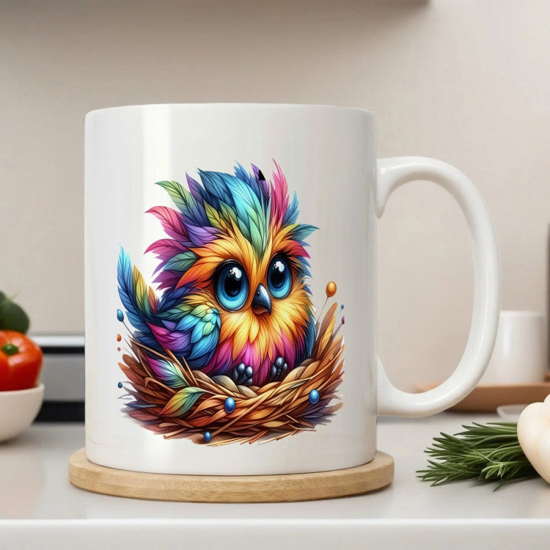Tailorly White Ceramic 11 oz Mug - Vibrant Rainbow Feathers Sitting Inside A Cozy Straw Nest Tiny Bird