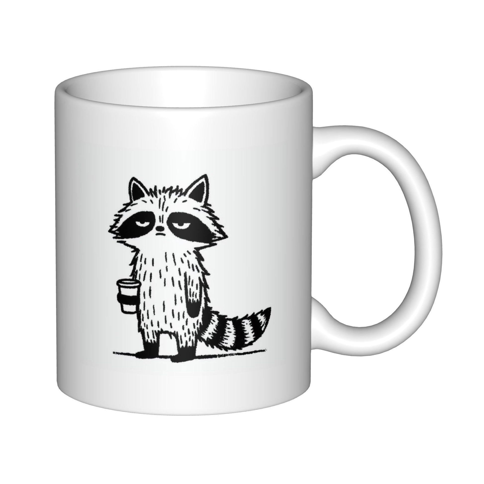 Tailorly White Ceramic 11 oz Mug - Hand Drawn Sketch Of A Grumpy Tired Trash Panda Holding Coffee Raccoon