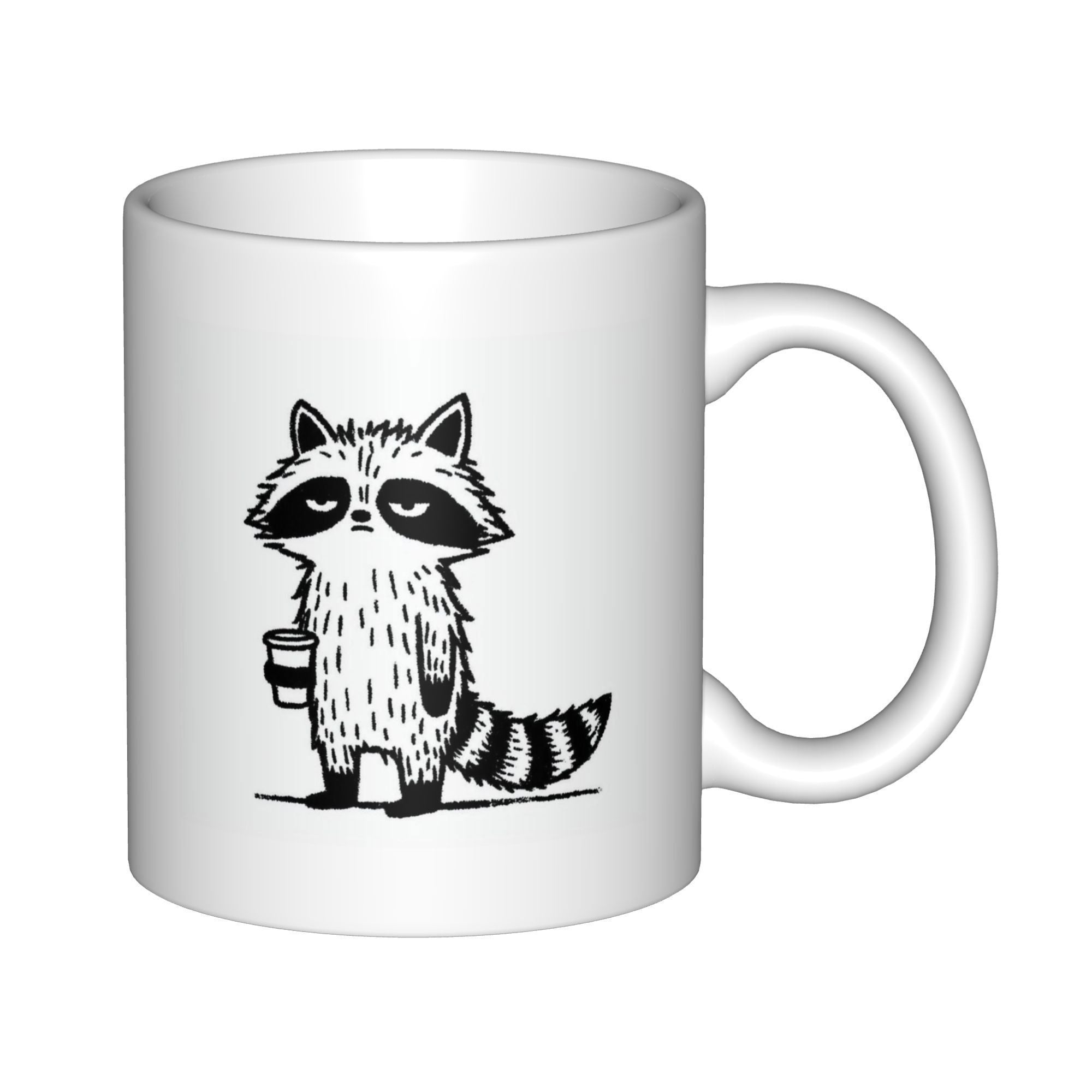Tailorly White Ceramic 11 oz Mug - Hand Drawn Sketch Of A Grumpy Tired Trash Panda Holding Coffee Raccoon
