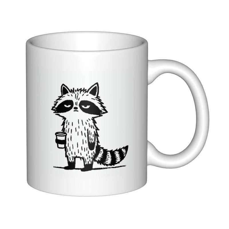 Tailorly White Ceramic 11 oz Mug - Hand Drawn Sketch Of A Grumpy Tired Trash Panda Holding Coffee Raccoon