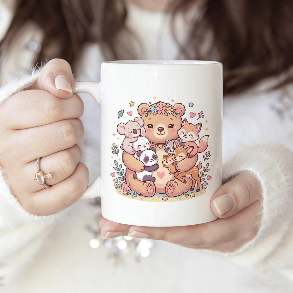 Tailorly White Ceramic 11 oz Mug - Cute Cartoon Animals Hugging With Hearts And Beautiful Floral Pattern Bear