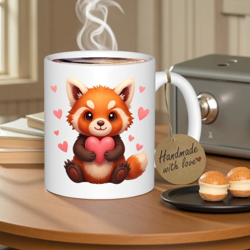 Tailorly White Ceramic 11 oz Mug - Handmade With Love Adorable Cartoon Character Holding A Pink Heart Surrounded By Floating Hearts Red Panda