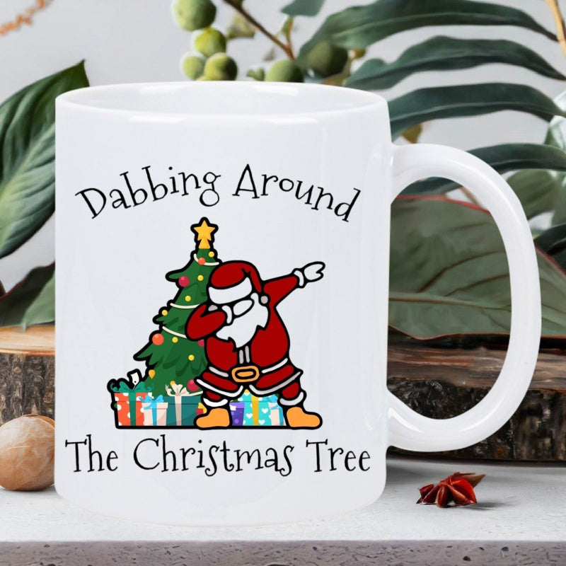 Tailorly White Ceramic 11 oz Mug - Dabbing Around The Christmas Tree Festive Cartoon Character Performing A Popular Dab Dance Move Santa