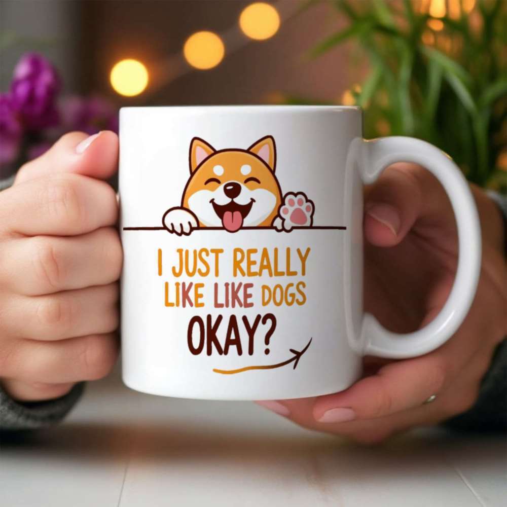 Tailorly White Ceramic 11 oz Mug - I Just Really Like Dogs Okay Cheerful Smiling Cartoon Shiba Inu Peeking Over A Line Dog
