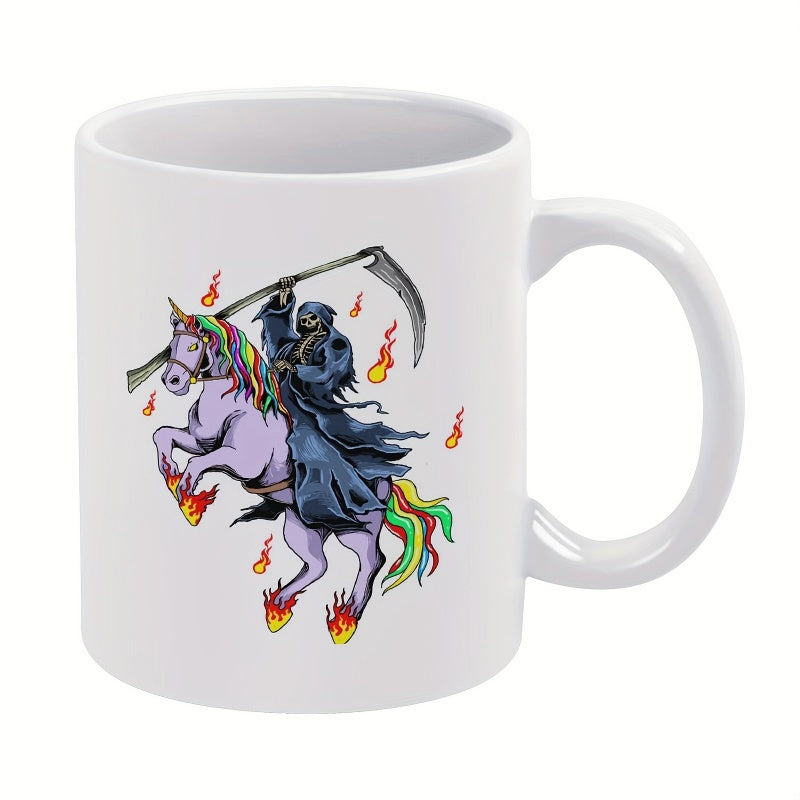 Tailorly White Ceramic 11 oz Mug - Dark Grim Reaper Holding Scythe Riding A Magical Rainbow Purple Unicorn