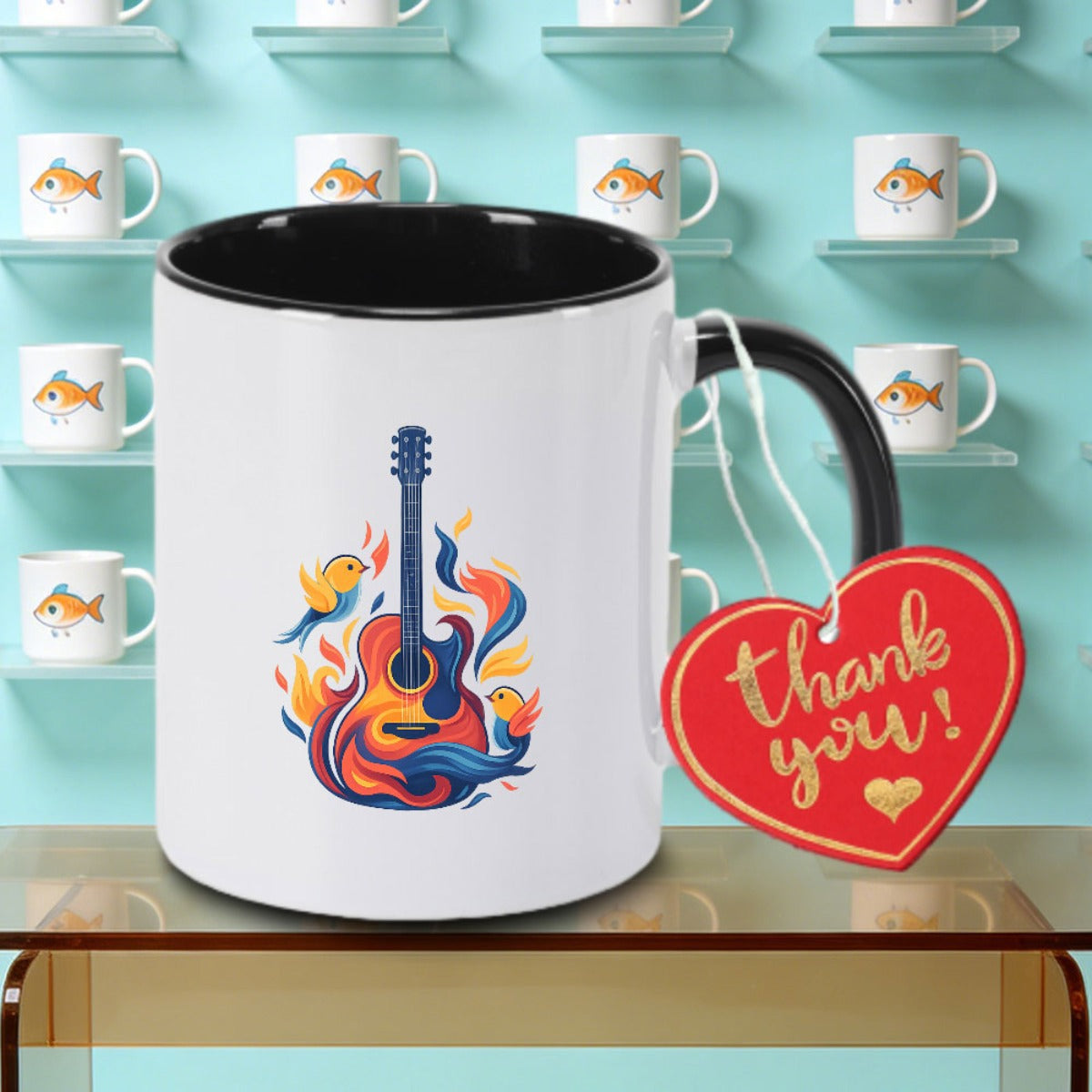 Tailorly Black Accent 11 oz Mug - watercolor guitar