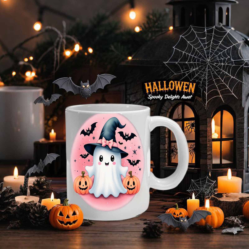 Tailorly White Ceramic 11 oz Mug - Halloween Spooky Delight Adorable White Wearing Witch Hat Among Carved Orange Jack O Lanterns Ghost