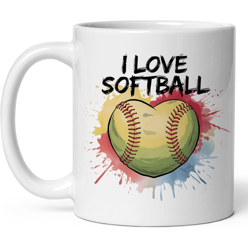 Tailorly White Ceramic 11 oz Mug - I Love Softball Vibrant Colorful Watercolor Splatter Accents Featuring A Unique Heart Shaped Softball