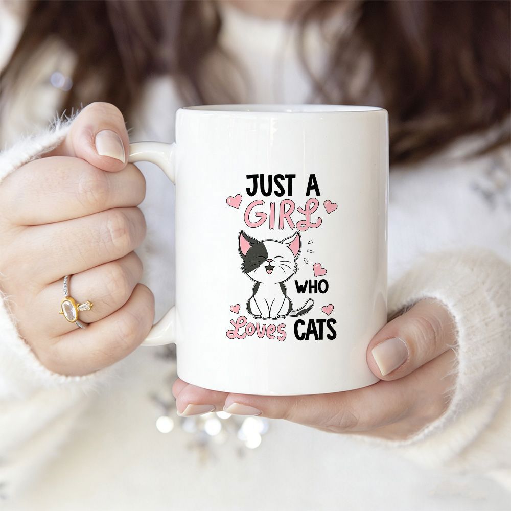 Tailorly White Ceramic 11 oz Mug - Just A Girl Who Loves Cats Cute Kitten Sitting Among Delicate Pink Hearts Under Cheerful Atmosphere Cat