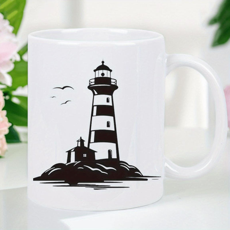 Tailorly White Ceramic 11 oz Mug - Coastal Scene With Seagulls Flying Near A Tall Striped Lighthouse