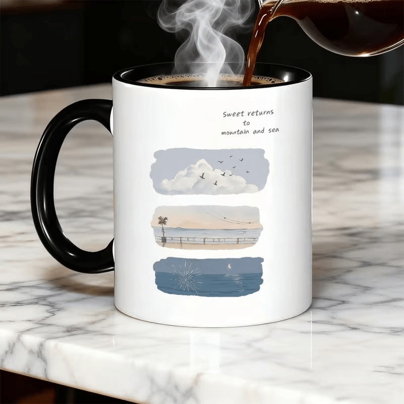 Tailorly Black Accent 11 oz Mug - 11oz pastel coastal landscape design pier birds cup multiple colors kitchen supplies funny design durable and easy