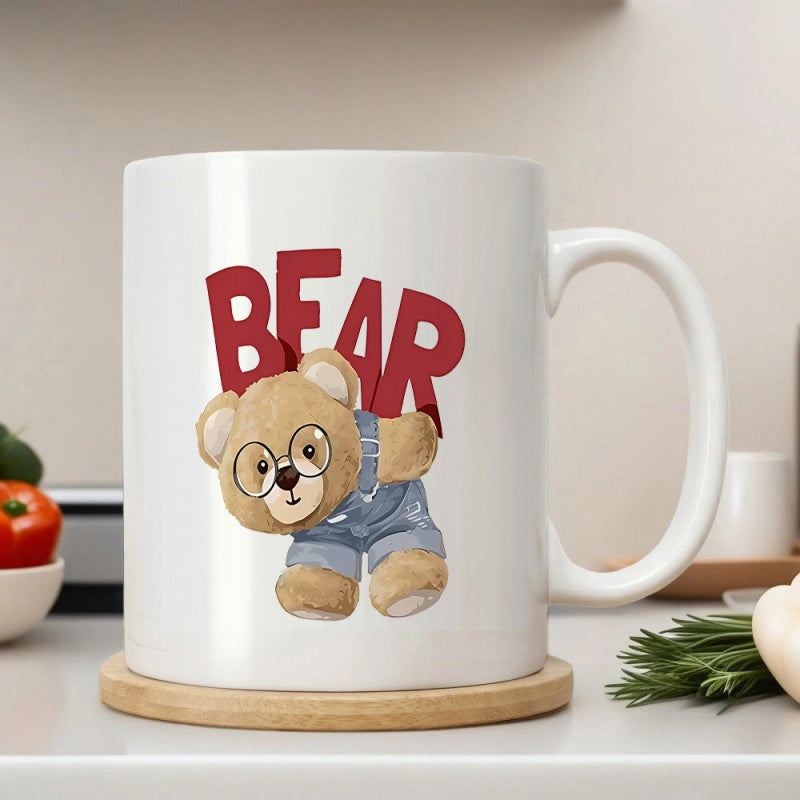 Tailorly White Ceramic 11 oz Mug - Bear Adorable Cartoon Teddy Wearing Glasses And Denim Overalls Bear