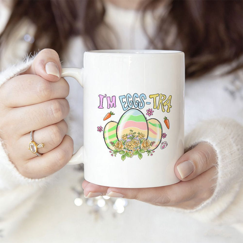 Tailorly White Ceramic 11 oz Mug - Im Eggs Tra Pastel Colored Easter Eggs Among Spring Flowers And Small Carrots Egg