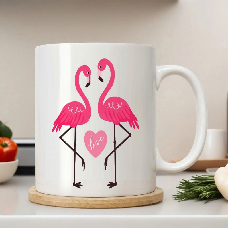 Tailorly White Ceramic 11 oz Mug - Love Graceful Pink Flamingos Standing Together Beside A Delicate Heart Flamingo