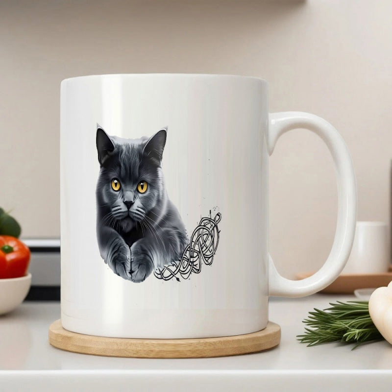 Tailorly White Ceramic 11 oz Mug - Realistic Grey British Shorthair Sitting Peacefully Beside A Small Tangled Yarn Scribble Cat