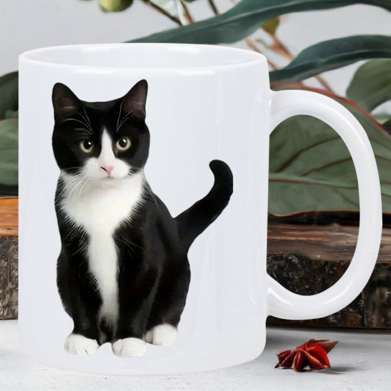 Tailorly White Ceramic 11 oz Mug - Majestic Black And White Tuxedo Feline Sitting Calmly On White Surface Cat