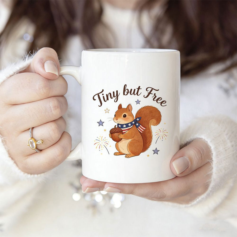 Tailorly White Ceramic 11 oz Mug - Tiny But Free Adorable Brown Cartoon Holding Nut Wearing Patriotic American Flag Scarf Squirrel