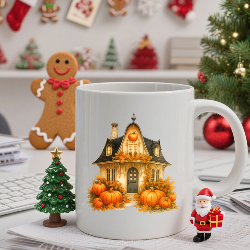 Tailorly White Ceramic 11 oz Mug - Warm Autumn House Featuring Ripe Pumpkins And Glowing Golden Light Cottage