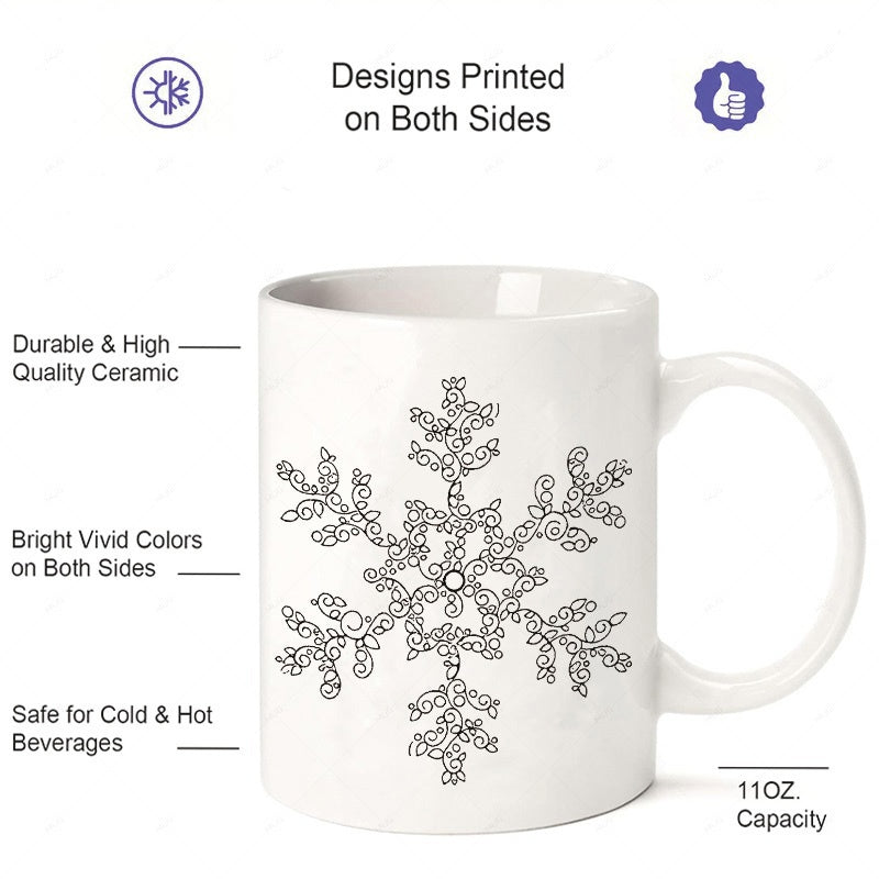 Tailorly White Ceramic 11 oz Mug - Intricate Winter Pattern Featuring Tiny Dancing Cats Forming A Festive Snowflake