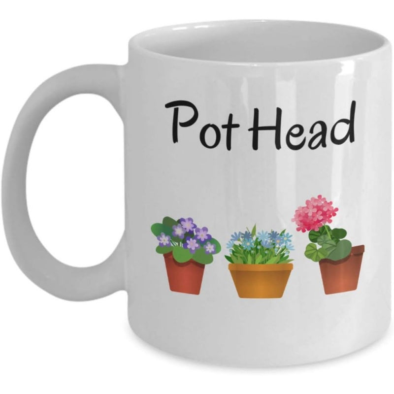 Tailorly White Ceramic 11 oz Mug - Pot Head Three Small Colorful Potted Flowers With Green Leaves Sitting Under Text Mug