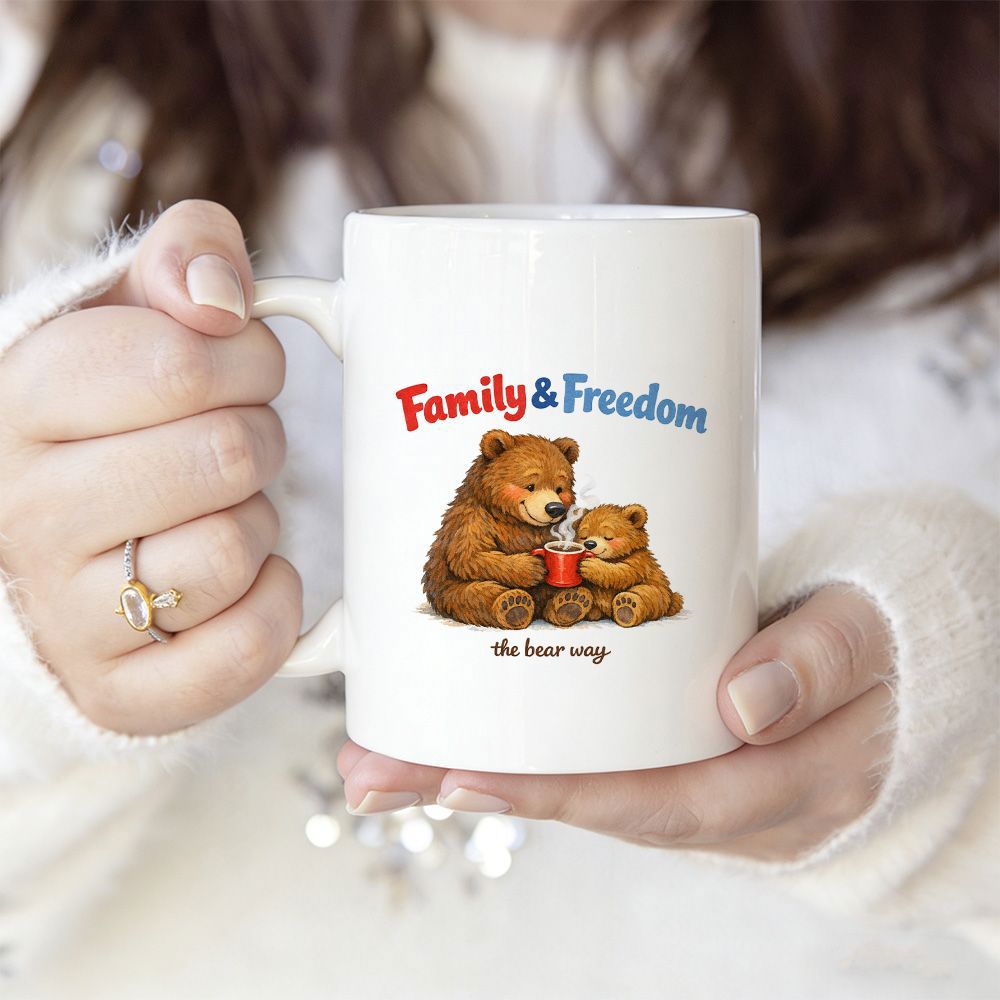 Tailorly White Ceramic 11 oz Mug - Family Freedom Two Cuddly Parent And Child Holding A Small Red Mug Bear