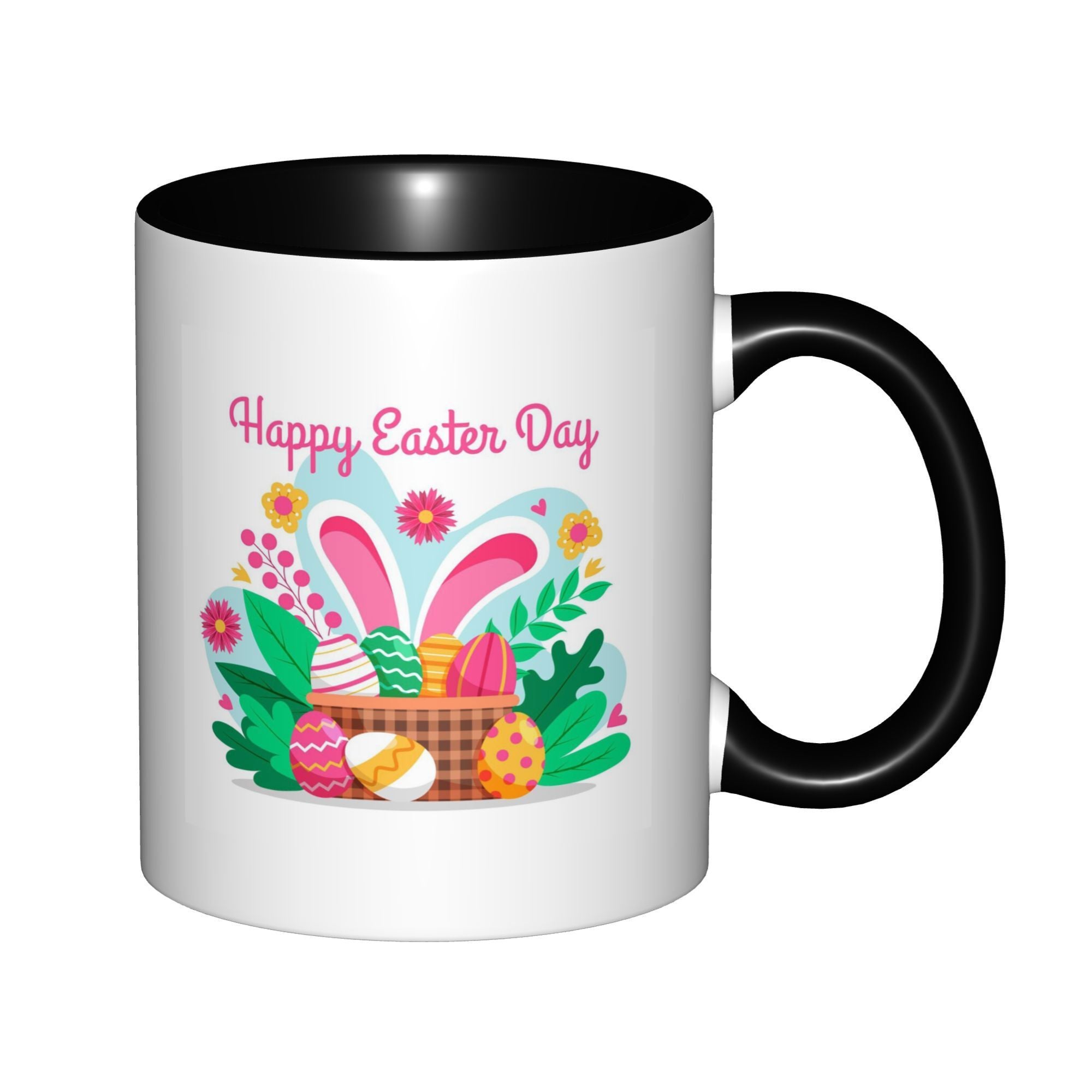 Tailorly Black Accent 11 oz Mug - festive bunny ears egg basket with day text
