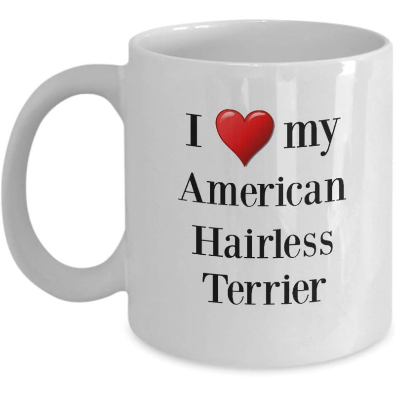 Tailorly White Ceramic 11 oz Mug - I My American Hairless Terrier Simple Clean Minimalist Style Featuring A Glossy Red Heart Shape Terrier