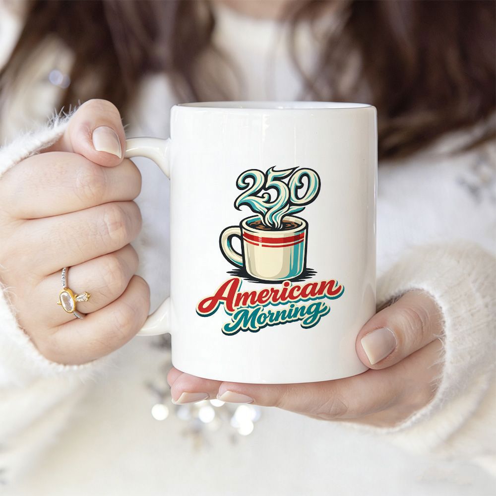 Tailorly White Ceramic 11 oz Mug - American Morning 250 Vintage Hand Drawn Hot Steaming Ceramic Style Breakfast Cup