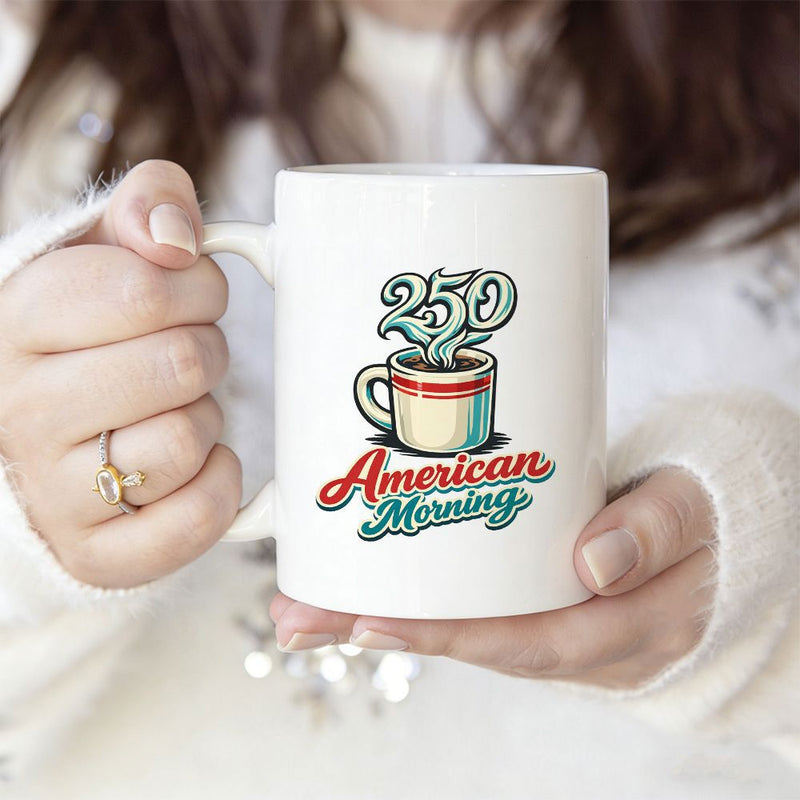 Tailorly White Ceramic 11 oz Mug - American Morning 250 Vintage Hand Drawn Hot Steaming Ceramic Style Breakfast Cup