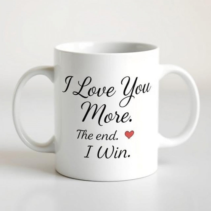 Tailorly White Ceramic 11 oz Mug - I Love You More The End I Win Minimalist Ceramic Surface With Small Red Heart And Dual Handles Mug