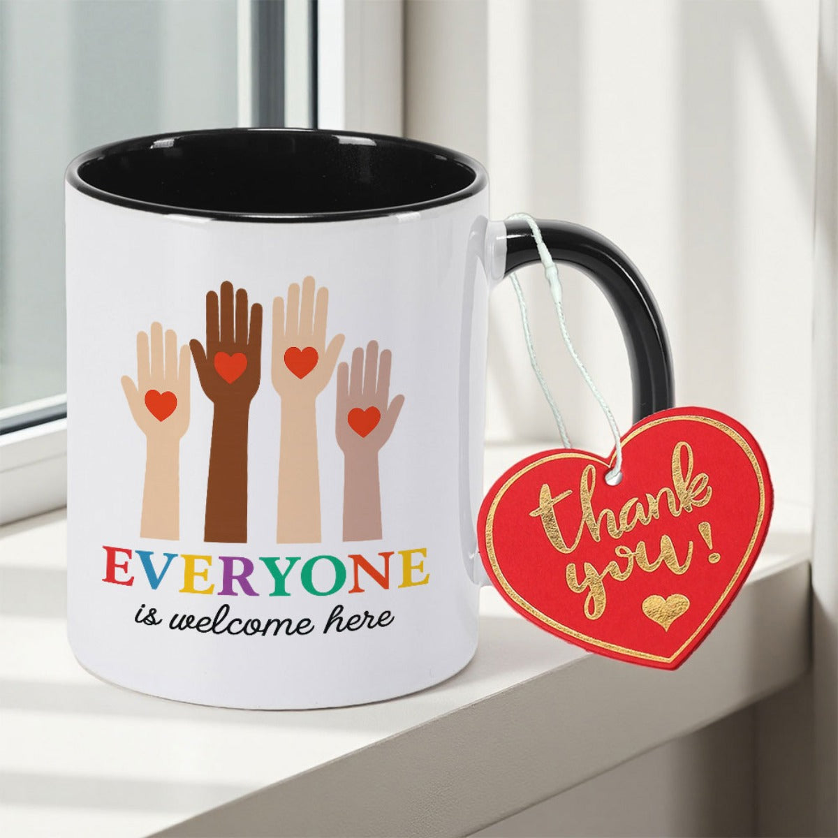 Tailorly Black Accent 11 oz Mug - Inclusive Love Heart Hands Everyone Is Double Sided Print