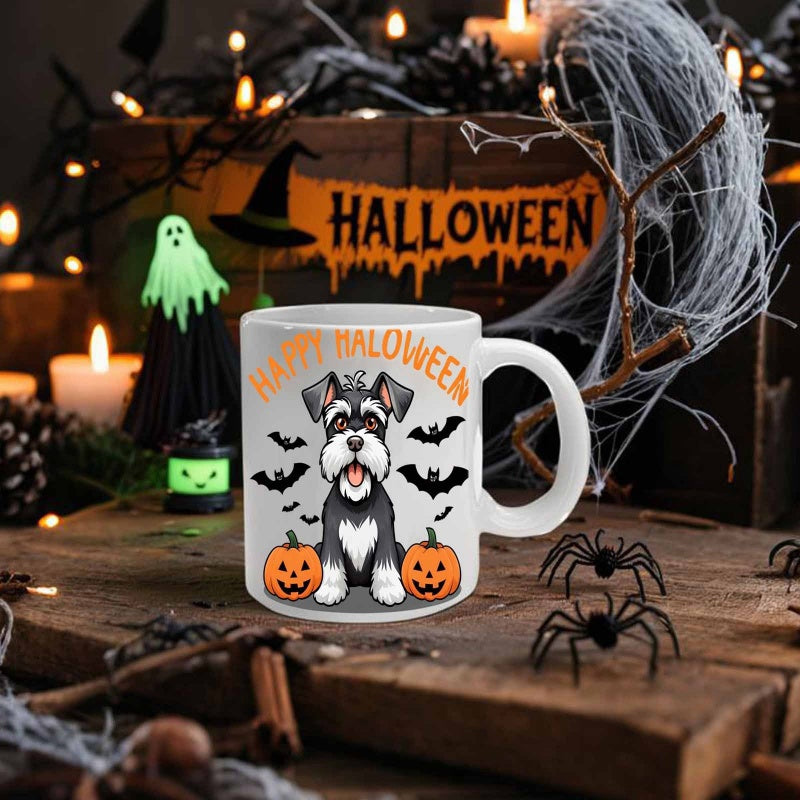 Tailorly White Ceramic 11 oz Mug - Happy Halloween Festive Dog Sitting Among Carved Pumpkins And Flying Bats Schnauzer