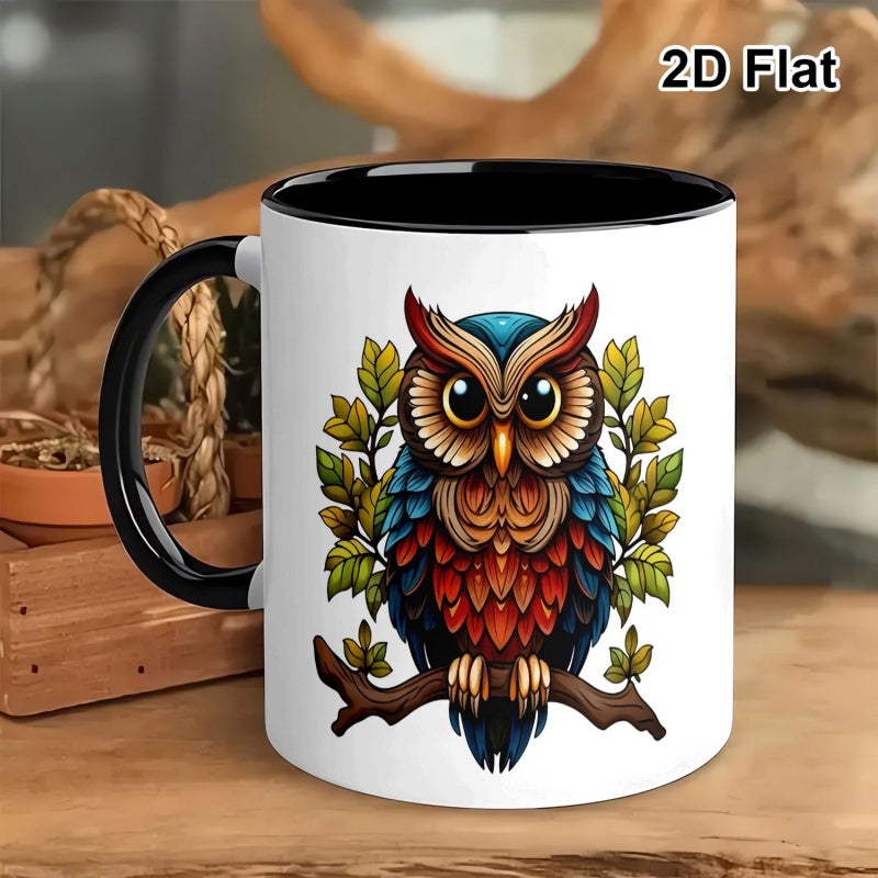 Tailorly Black Accent 11 oz Mug - vibrant owl on branch