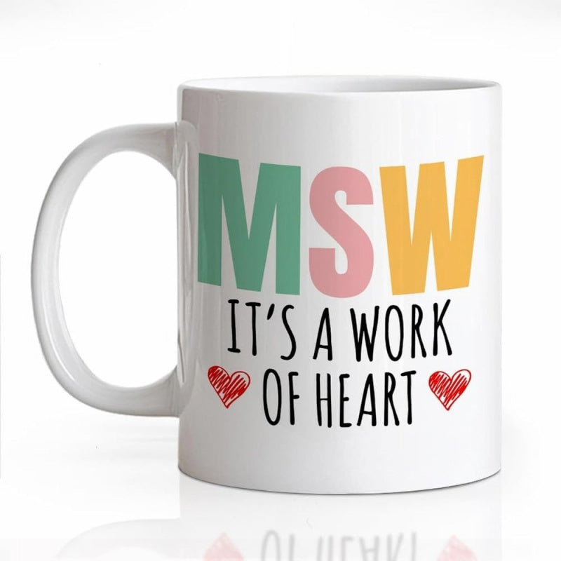 Tailorly White Ceramic 11 oz Mug - MSW Its A Work Of Heart Minimalist Colorful Letters With Hand Drawn Small Red Hearts Mug