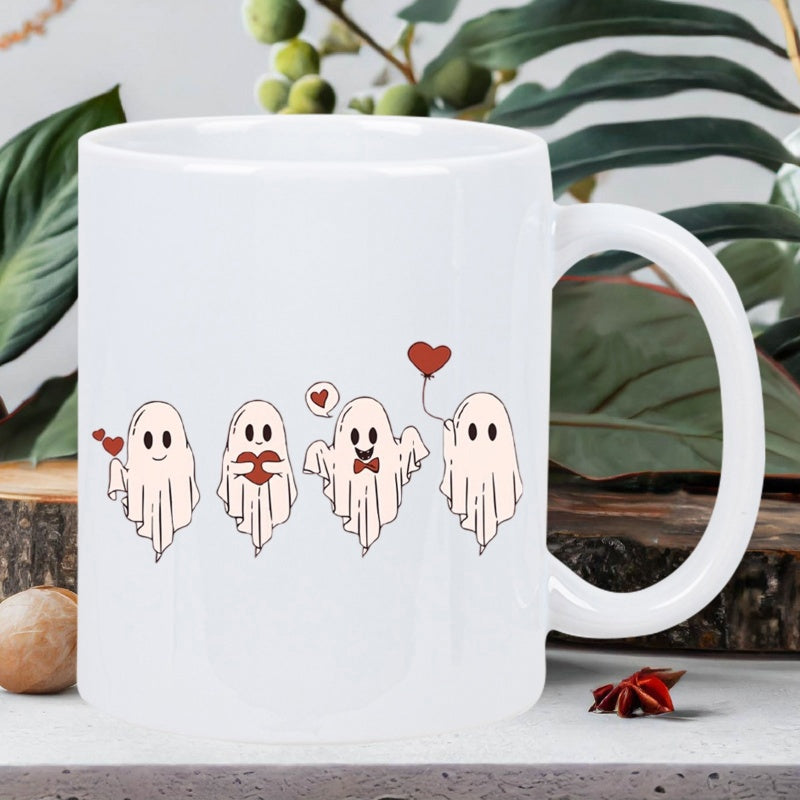 Tailorly White Ceramic 11 oz Mug - Playful Cartoon Characters With Red Hearts And Cheerful Expressions Floating Ghost