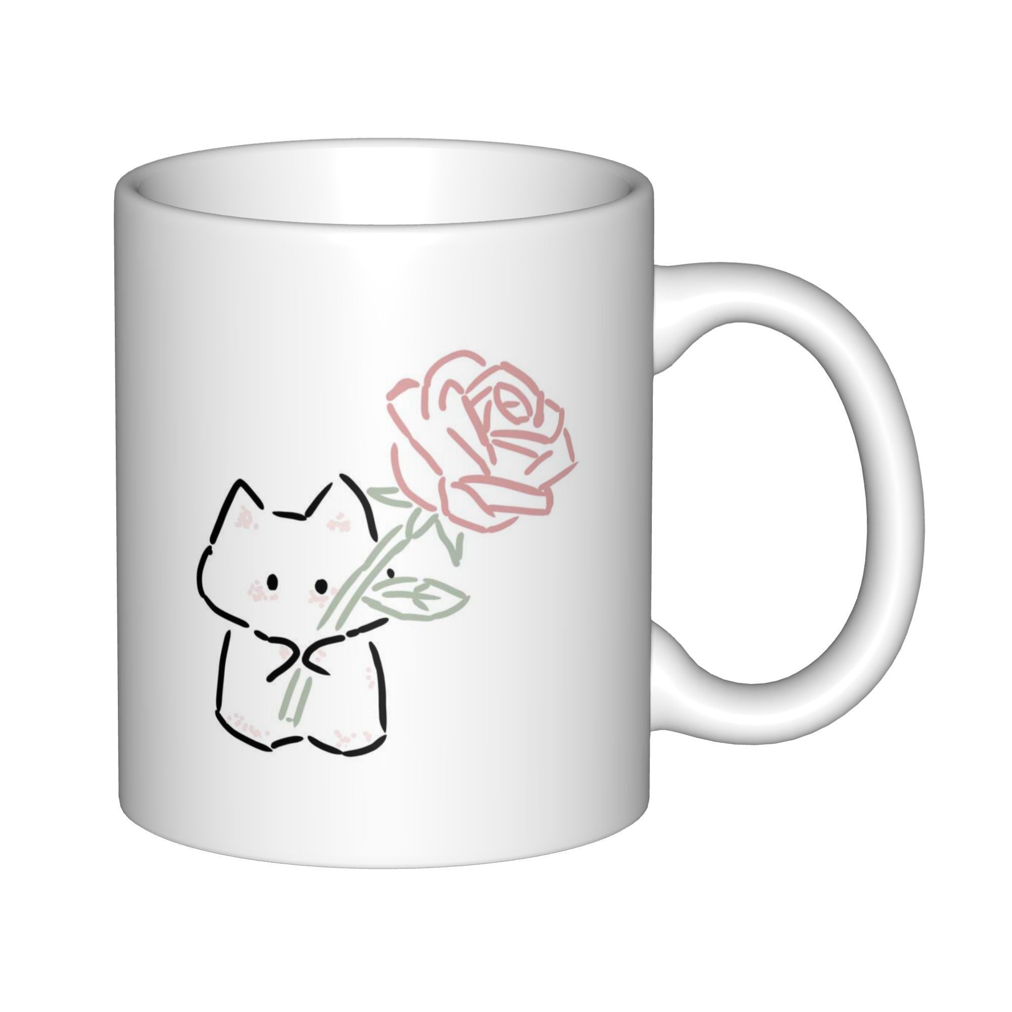 Tailorly White Ceramic 11 oz Mug - Minimalist Line Art Cute Small Kitten Holding A Giant Pink Rose Cat