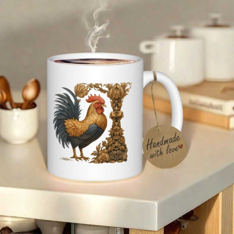 Tailorly White Ceramic 11 oz Mug - Handmade With Love Rustic Farmhouse Style Featuring A Golden Feathered Majestic Ornate Morning Rooster