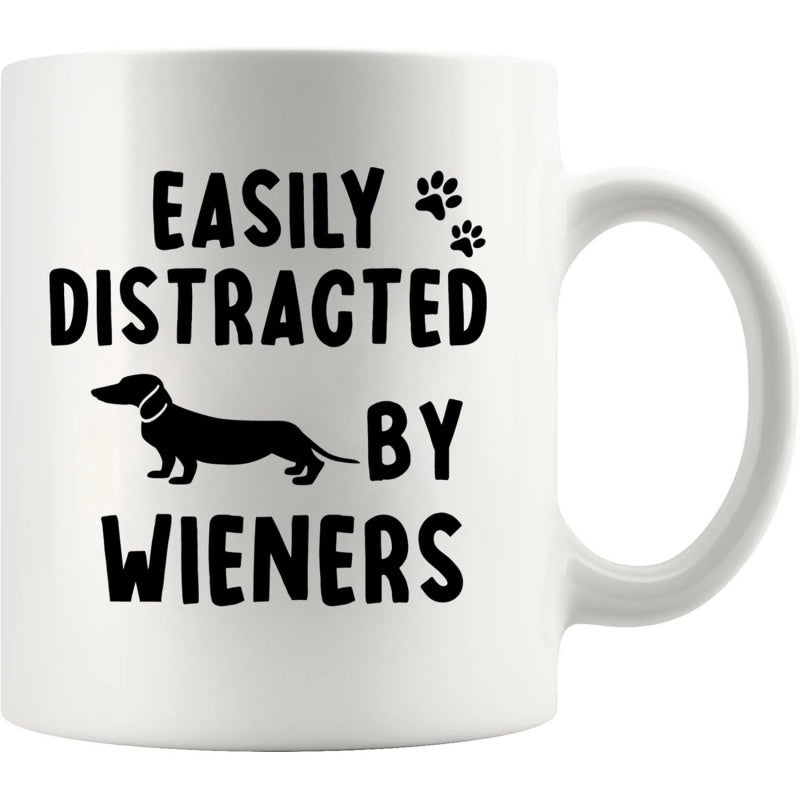 Tailorly White Ceramic 11 oz Mug - Easily Distracted By Wieners Minimalist Black Dog Silhouette With Tiny Paw Prints And A Long Body Dachshund