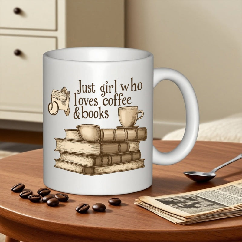 Tailorly White Ceramic 11 oz Mug - Just Girl Who Loves Coffee Books Hand Drawn Illustration Of Vintage Novels Resting Beneath A Steamy Morning Mug Books