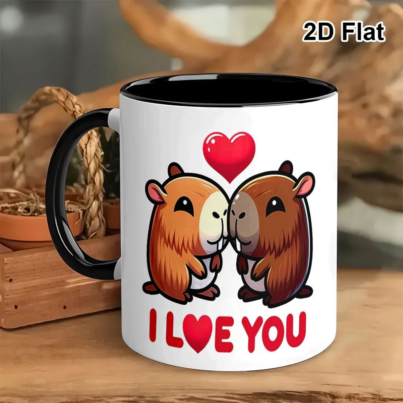 Tailorly Black Accent 11 oz Mug - black and white porcelain mug featuring a capybara couple with i love you for valentines